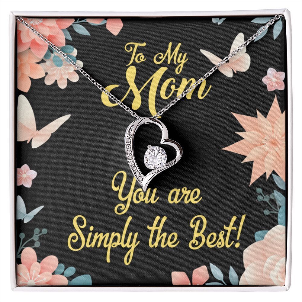 Mom Simply The Best Forever Love Cz Heart Necklace White Gold Standard Box